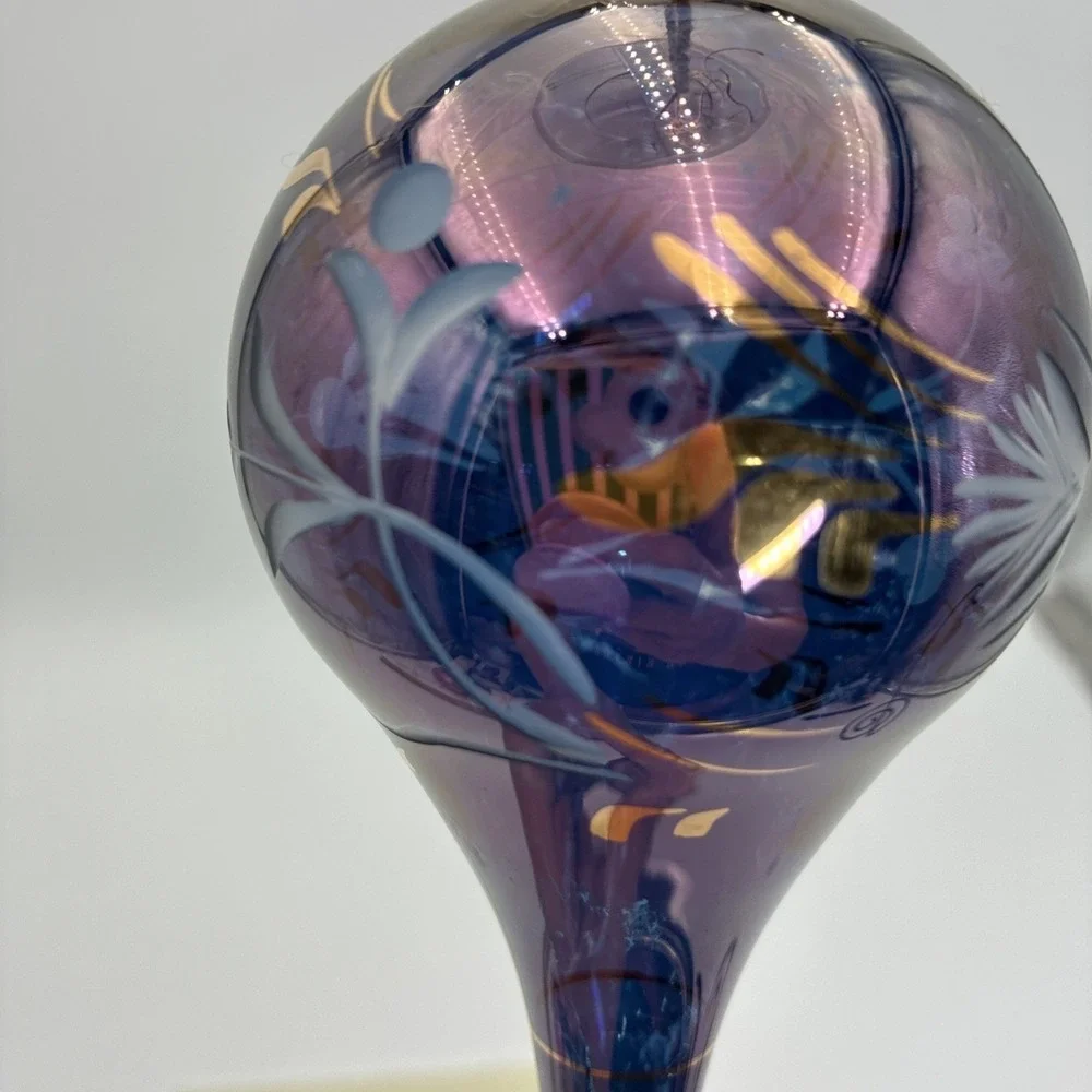 Vintage Purple Iridescent Hand Blown Glass Teardrop Ornament Gold Floral 8.5
